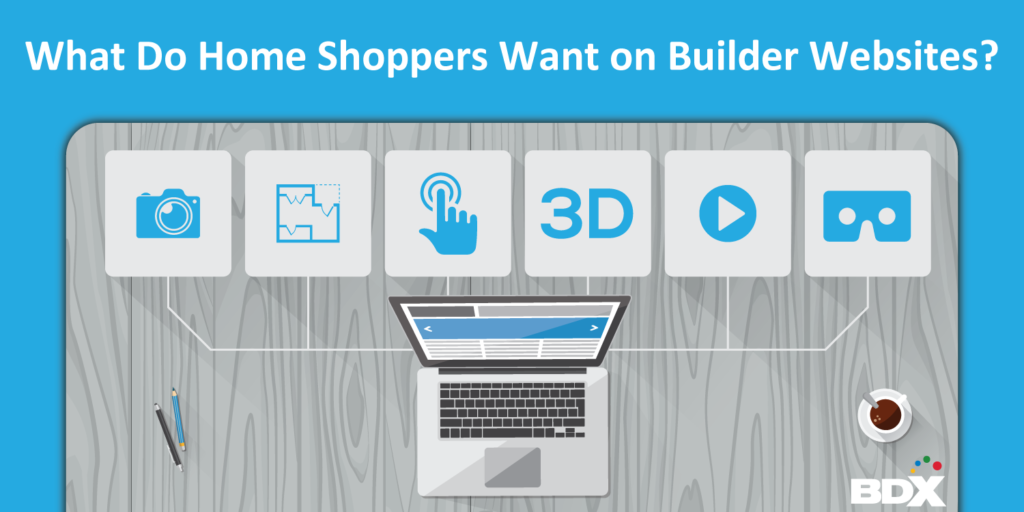 A picture containing a desk, laptop, and icons representing what content home shoppers want to see on builders' websites.