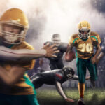Football player getting tackled by another football player.