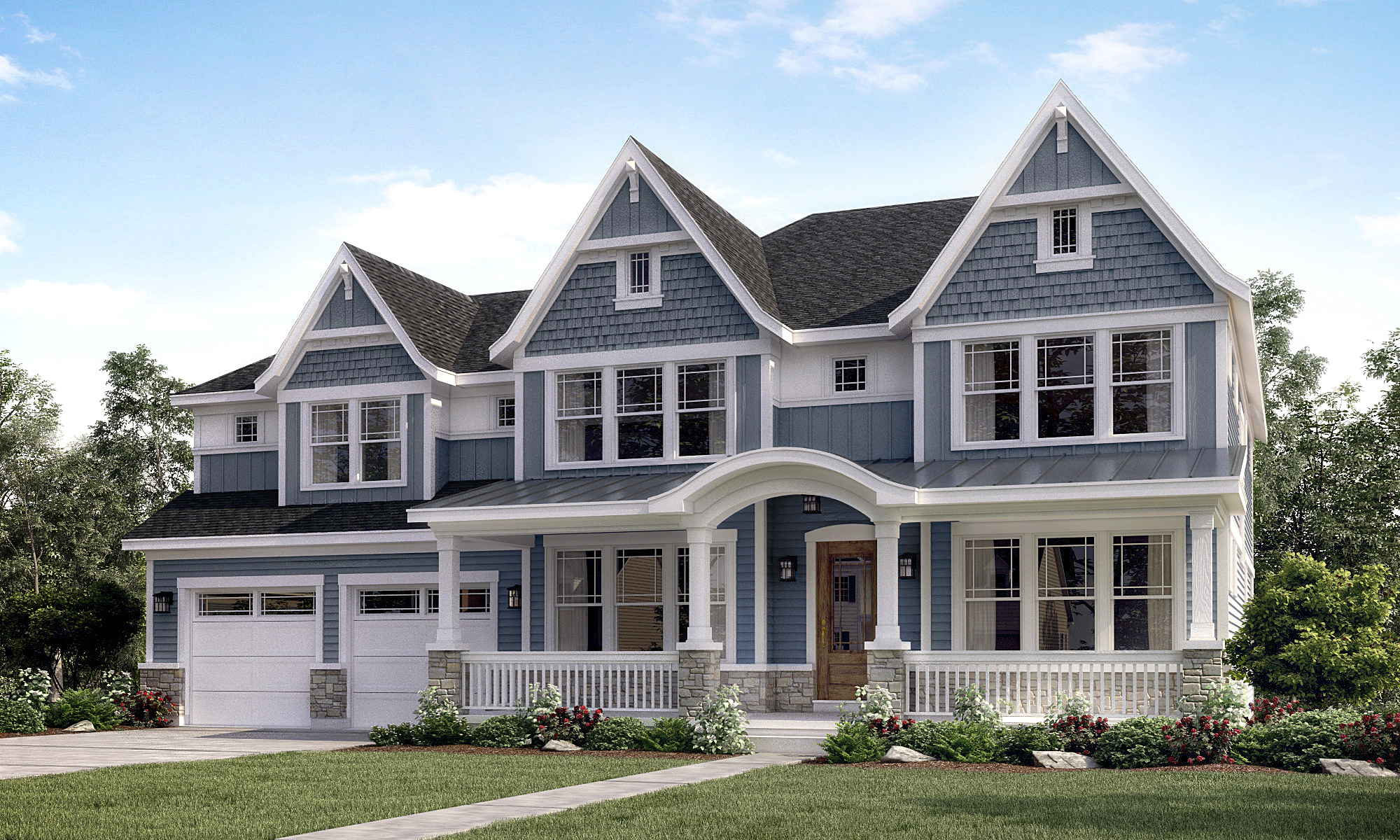 Rendering of a large two story home with two car garage and large porch