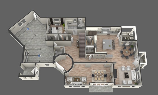The downstairs floor plan of a house.