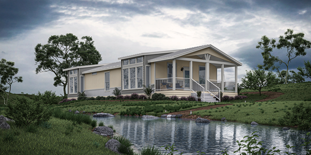Manufactured new home by a pond.