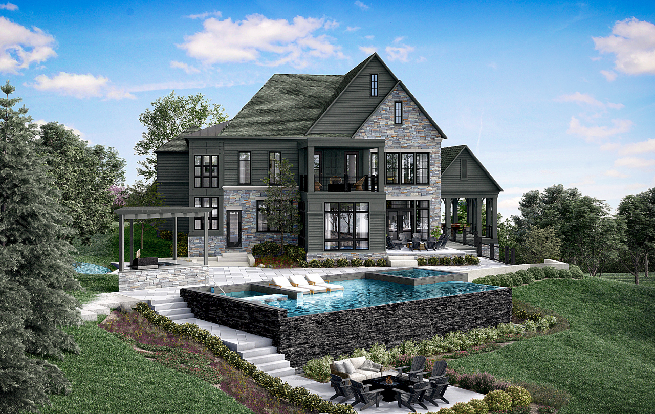 A high quality rendering of the exterior of a home with landscaping and a pool.