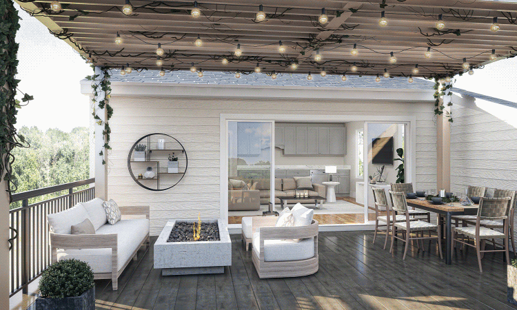 A gif that transitions from day to dusk of an exterior rendering of a patio with lounge chairs, lights, and a coffee table.