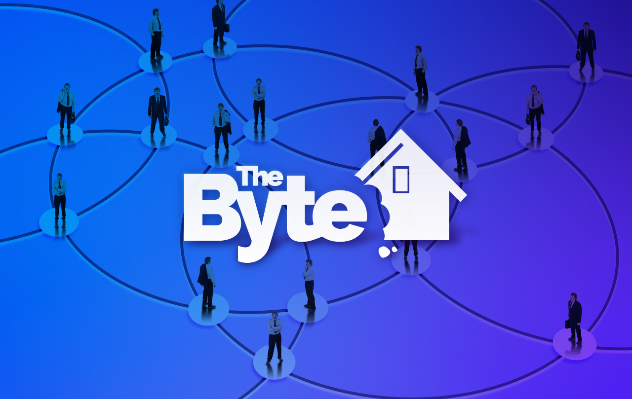 A group of people standing in a circle overlaid with the BYTE logo.