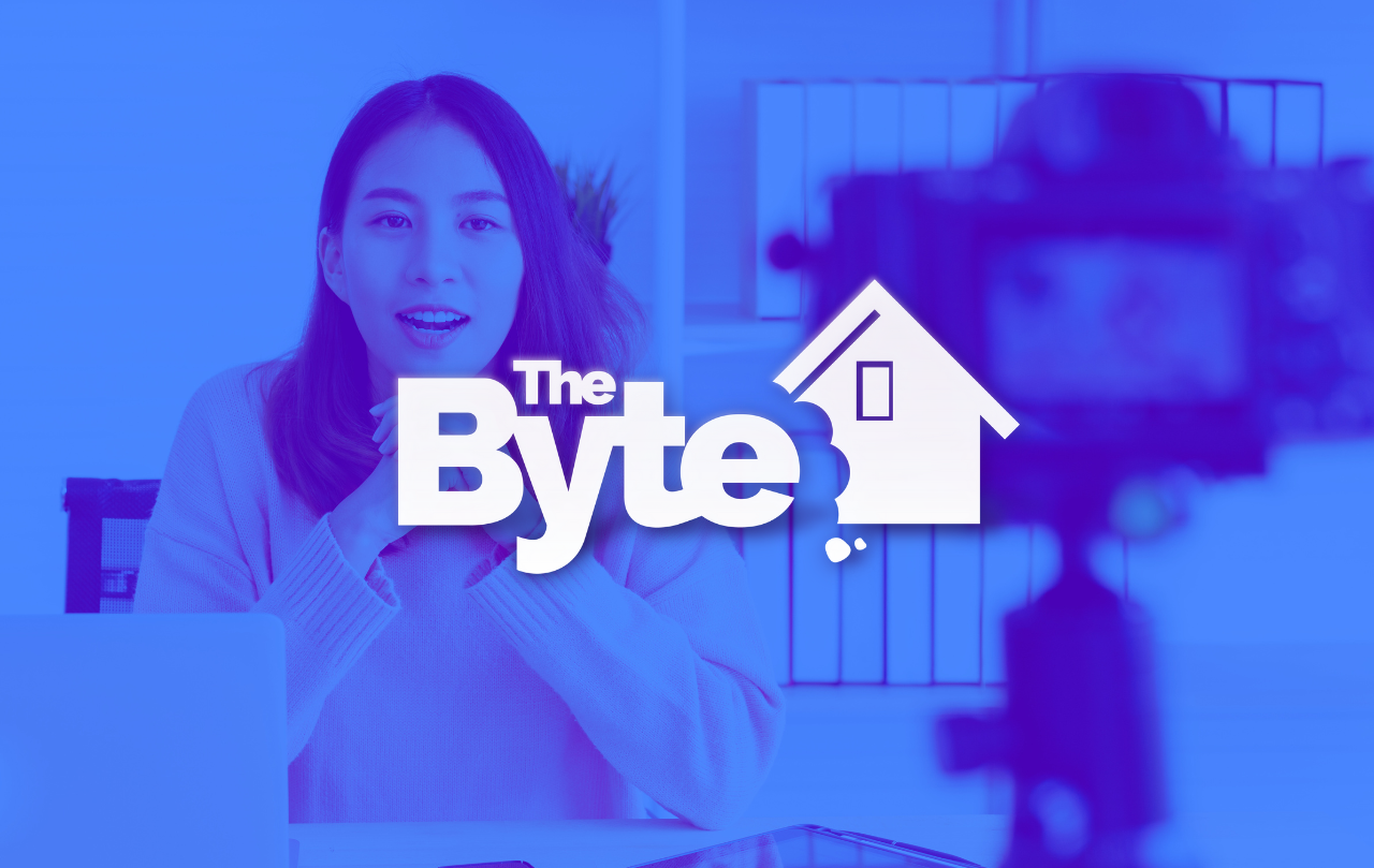 A person sitting in front of a camera on a tripod with a laptop next to them and the BYTE logo centered over.