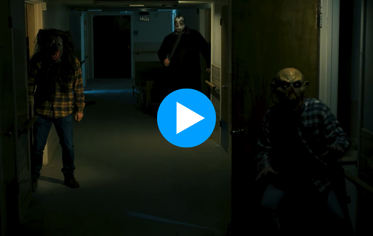 Picture depicts a werewolf, masked man with a knife, and zombie in a dark hallway with a video play button.