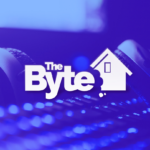 A image of pair of headphones laying on a keyboard with the computer screen lit it the background. A blue overlay and the BYTE logo are over the image.