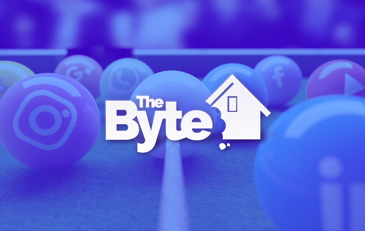 A close-up image of cue balls with social media logos, such as Instagram, Facebook, and YouTube. The image is overlayed with a blue filter and the BYTE logo.
