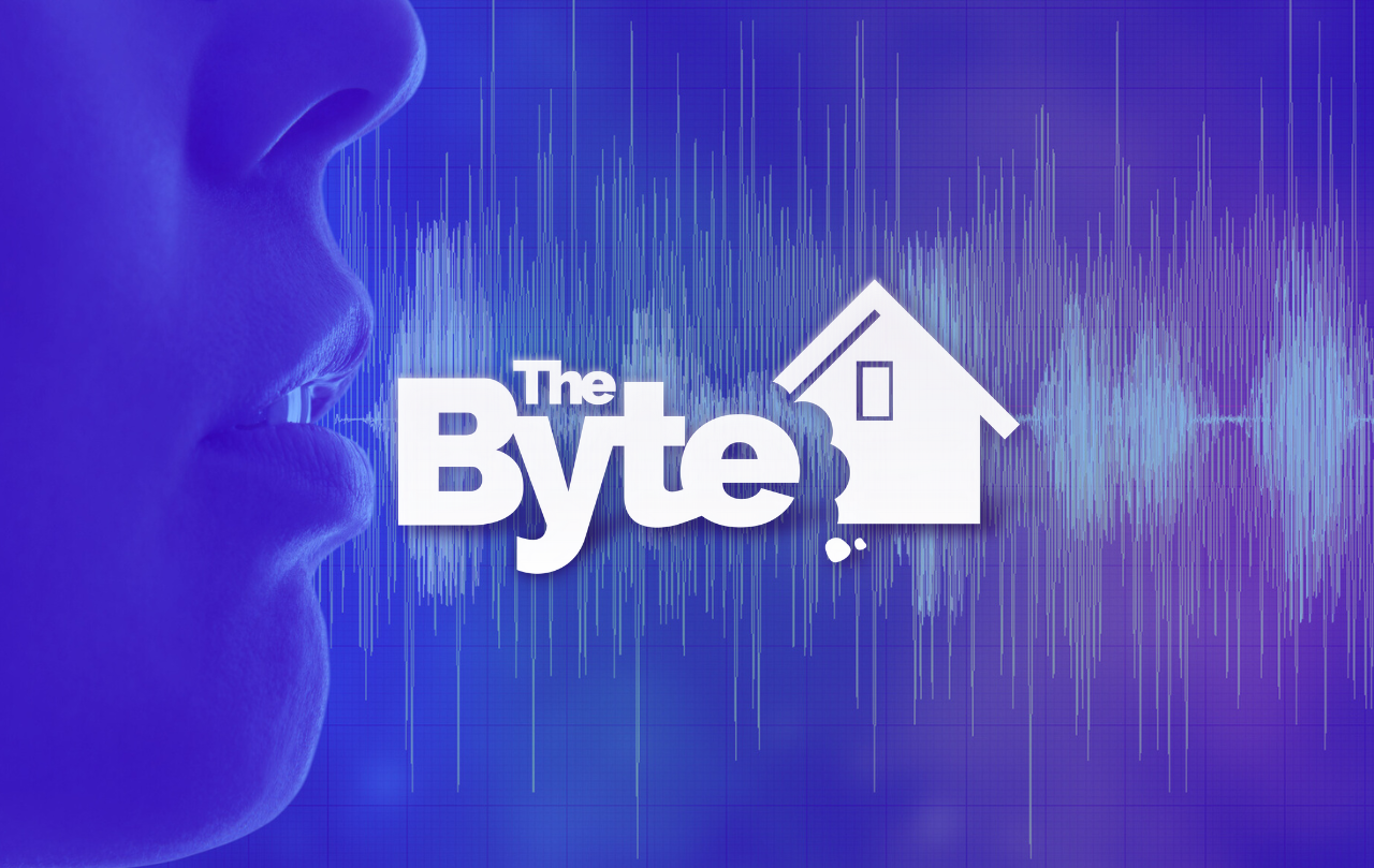 A close-up image of person mouth and nose with sound waves. The BYTE logo and blue hue is overlayed on the image.